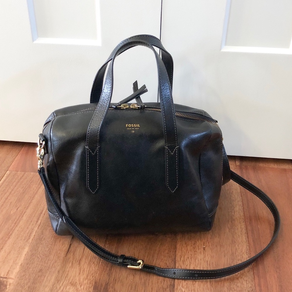 Fossil Sydney Black Leather Satchel Purse Bag